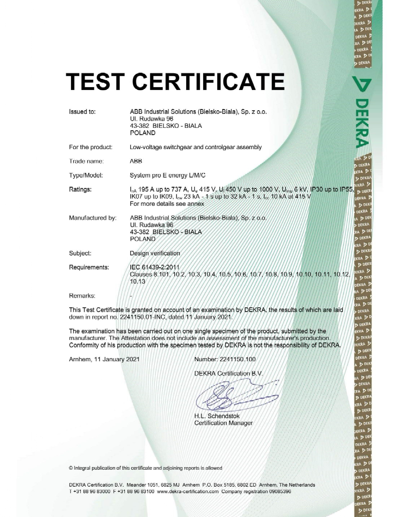 DEKRA Type Test Certificate
